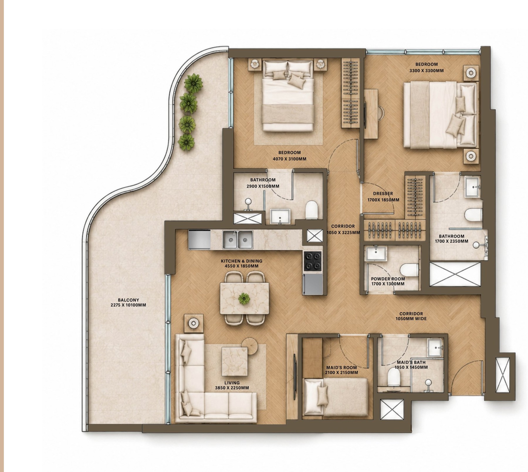 HOLM Development — 2 bedroom + maid’s room layout